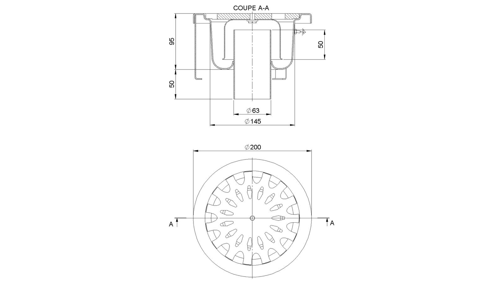 Schéma - 2063C - Siphon rond Ø 200 mm sortie verticale 63 mm