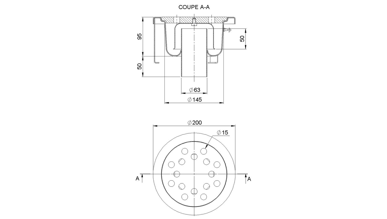 Schéma - 2063CR - Siphon rond Ø 200 mm sortie verticale 63 mm