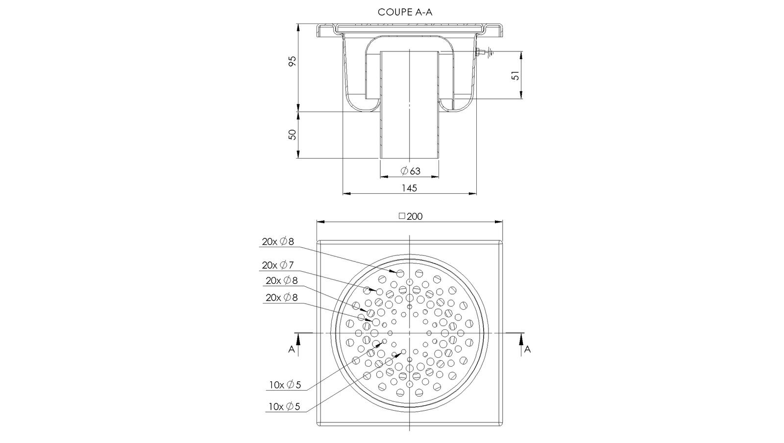 Schéma - 2063ECO - Floor drain trap 200x200 with a vertical outlet 63 mm