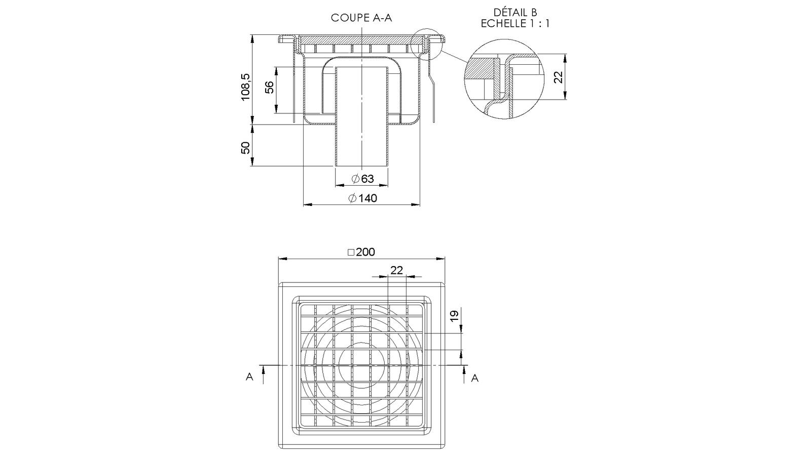 Schéma - 2063E - Siphon 200x200 sortie verticale 63 mm