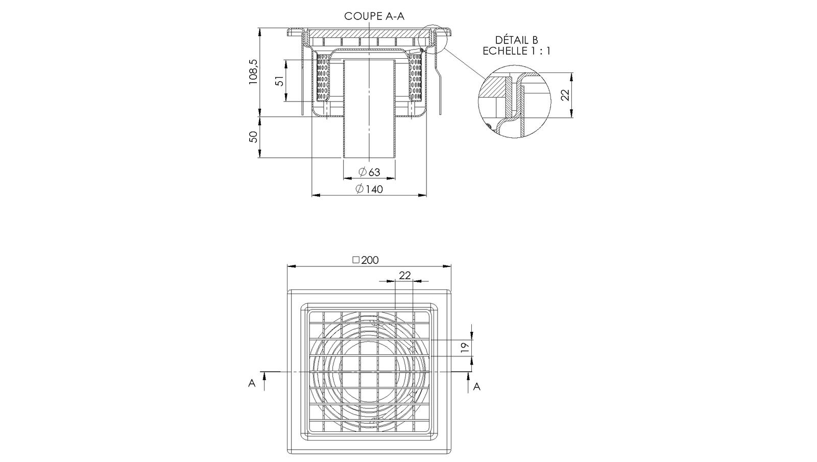 Schéma - 2063EPC - Floor drain trap 200x200 with a vertical outlet 63 mm