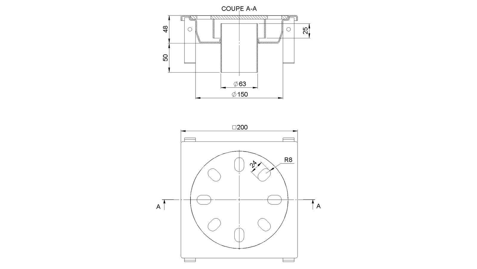 Schéma - 2063FB - Siphon 200x200 sortie verticale 63 mm