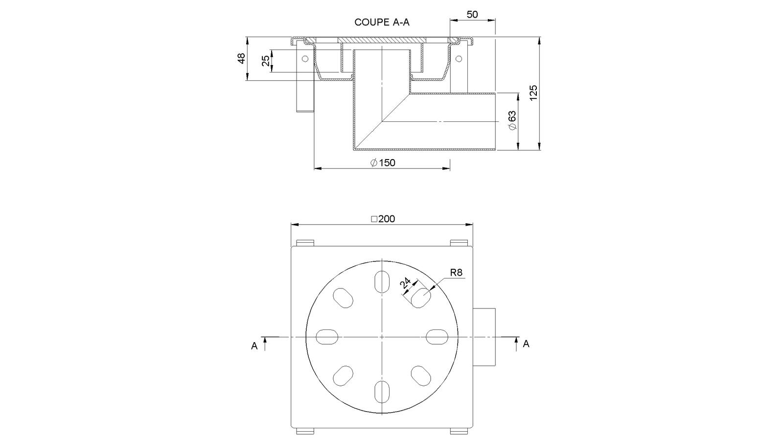 Schéma - 2063FBL - Siphon 200x200 sortie latérale 63 mm