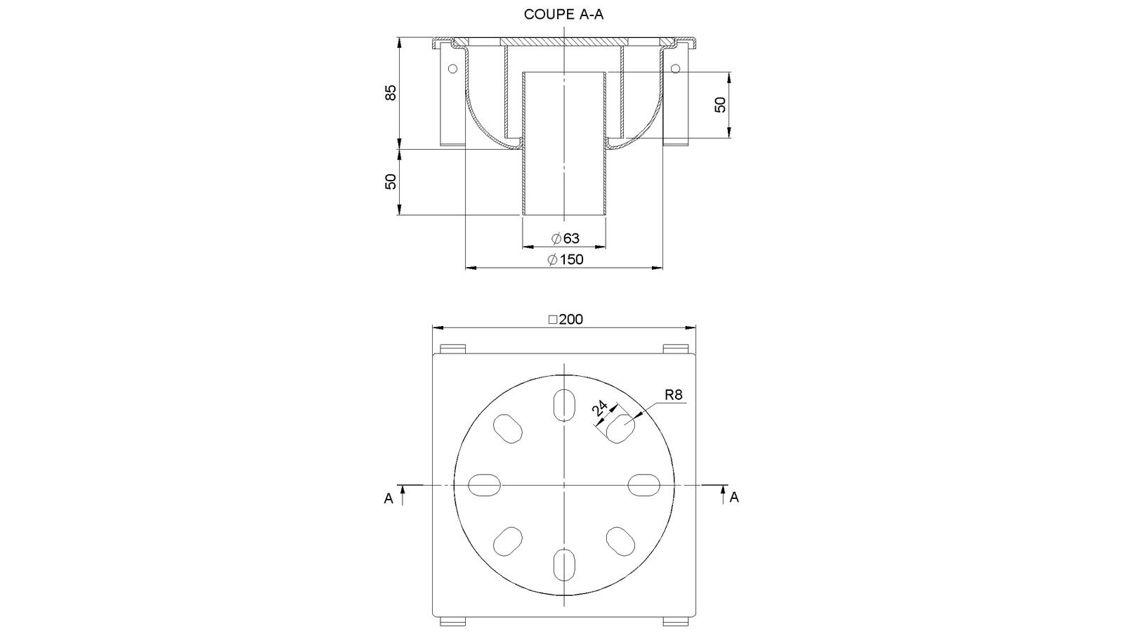 Schéma - 2063F - Siphon 200x200 sortie verticale 63 mm