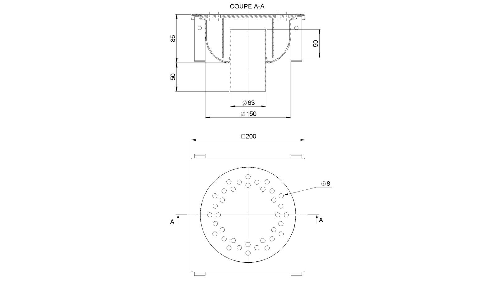 Schéma - 2063FS - Siphon 200x200 sortie verticale 63 mm