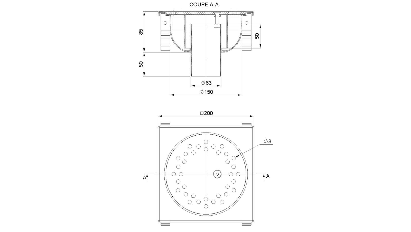 Schéma - 2063FSV - Siphon 200x200 sortie verticale 63 mm