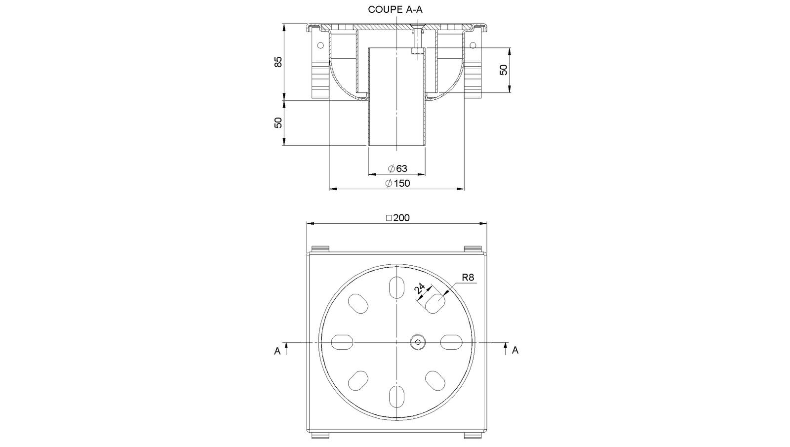 Schéma - 2063FV - Siphon 200x200 sortie verticale 63 mm