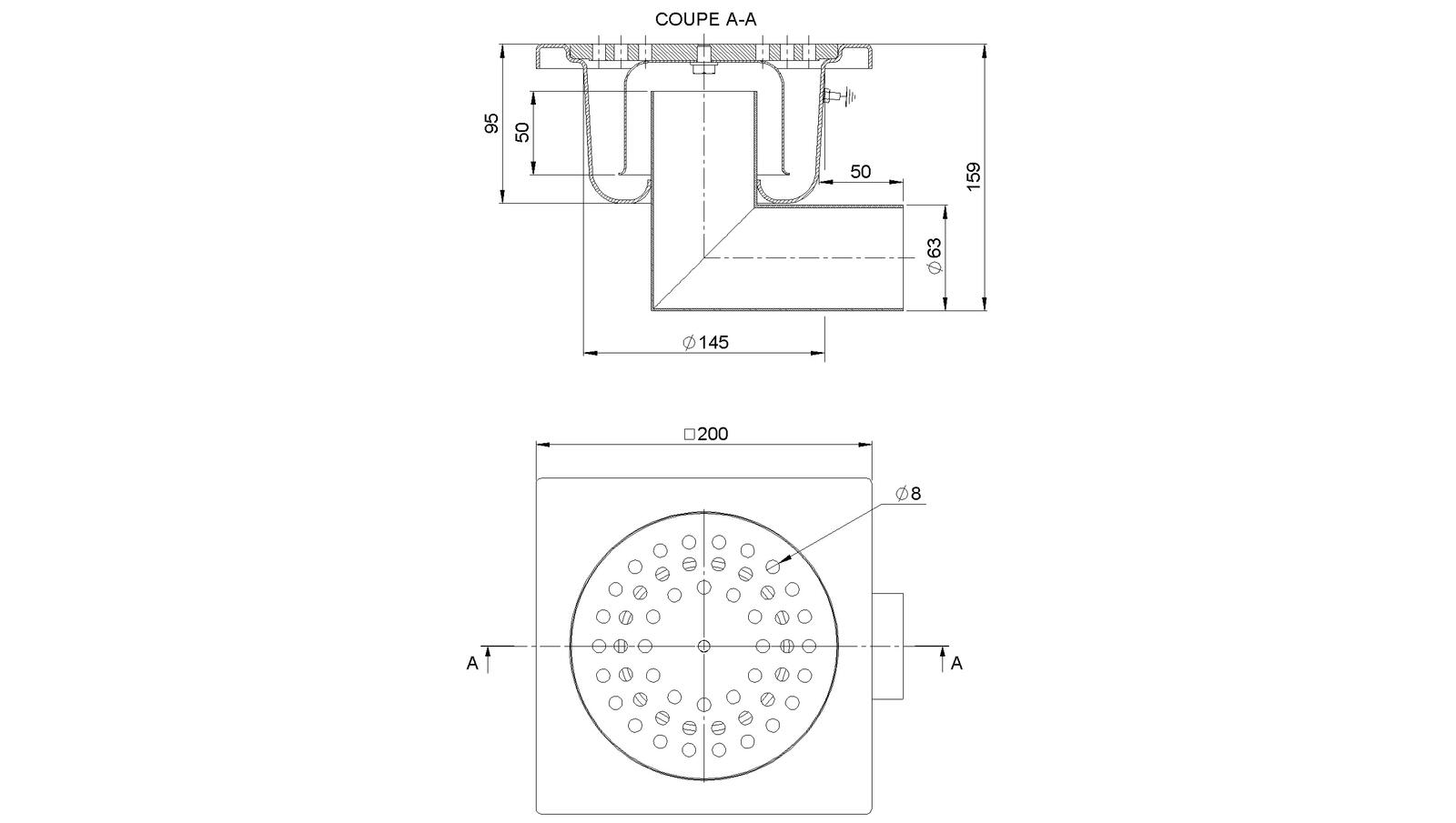 Schéma - 2063LS - Siphon 200x200 sortie latérale 63 mm