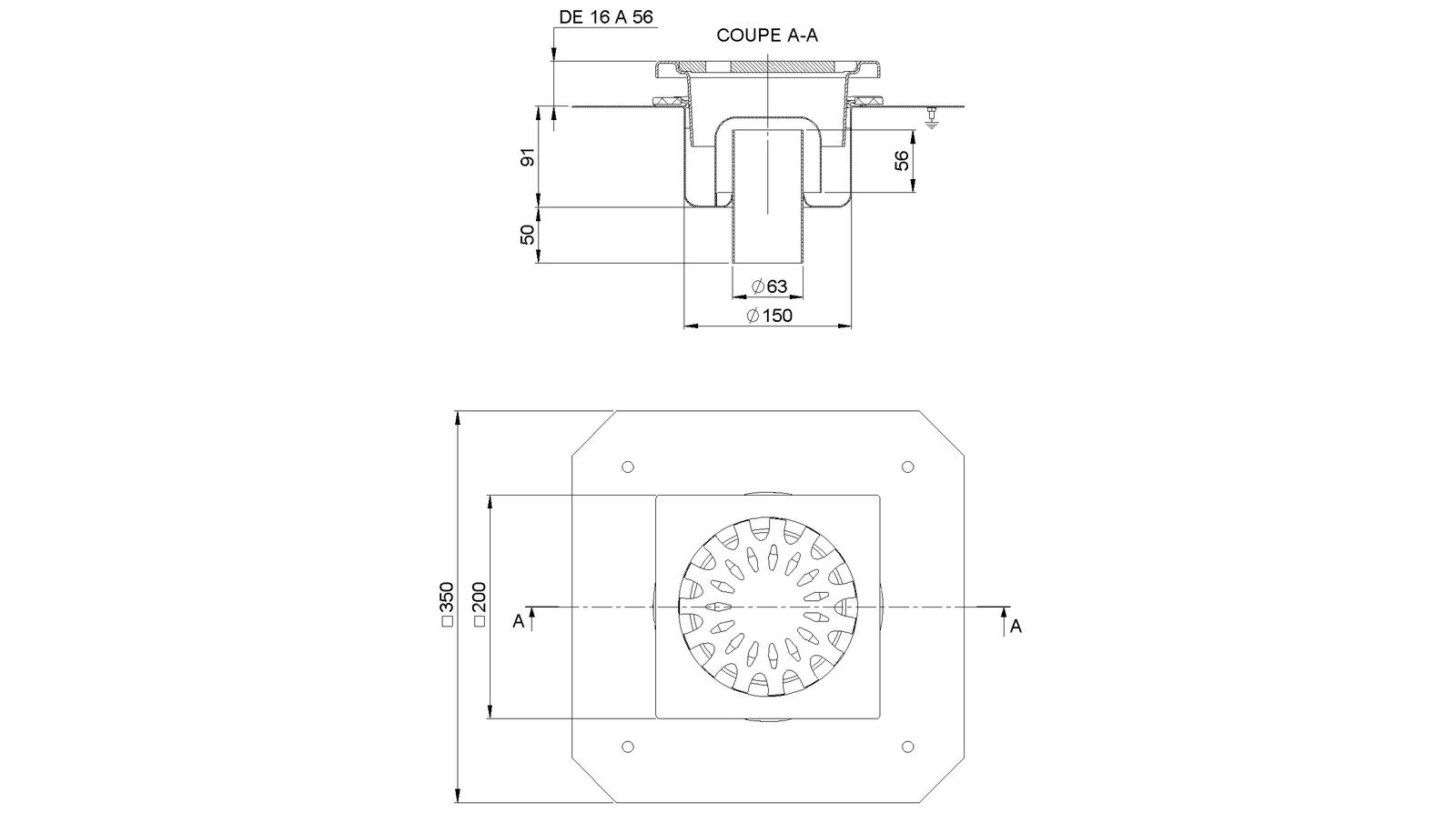 Schéma - 2063RBD - Siphon 200x200 sortie verticale 63 mm