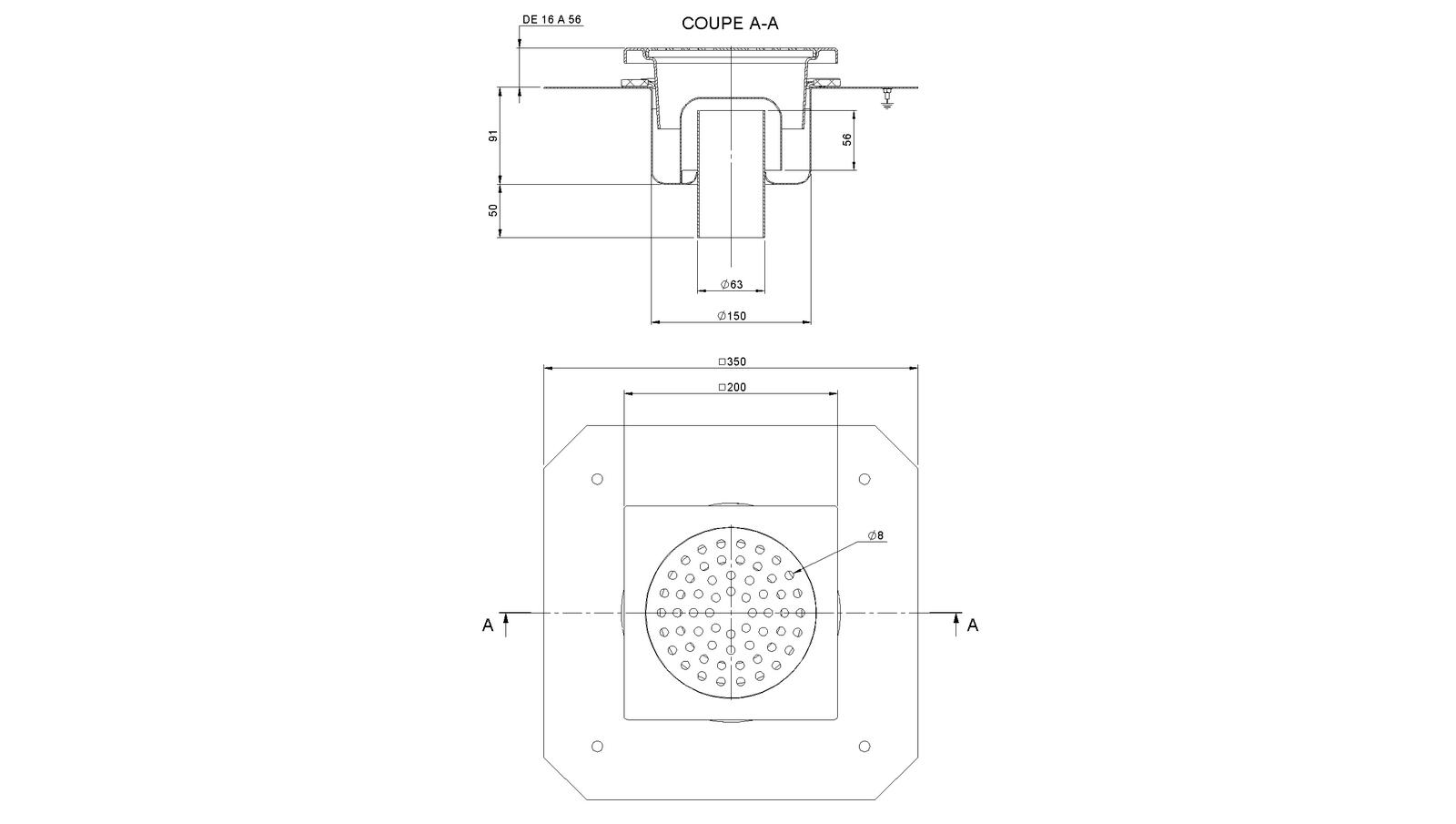 Schéma - 2063RBDECO - Siphon 200x200 sortie verticale 63 mm