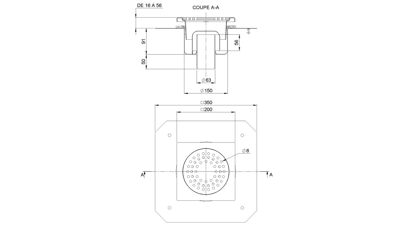 Schéma - 2063RBDS - Siphon 200x200 sortie verticale 63 mm