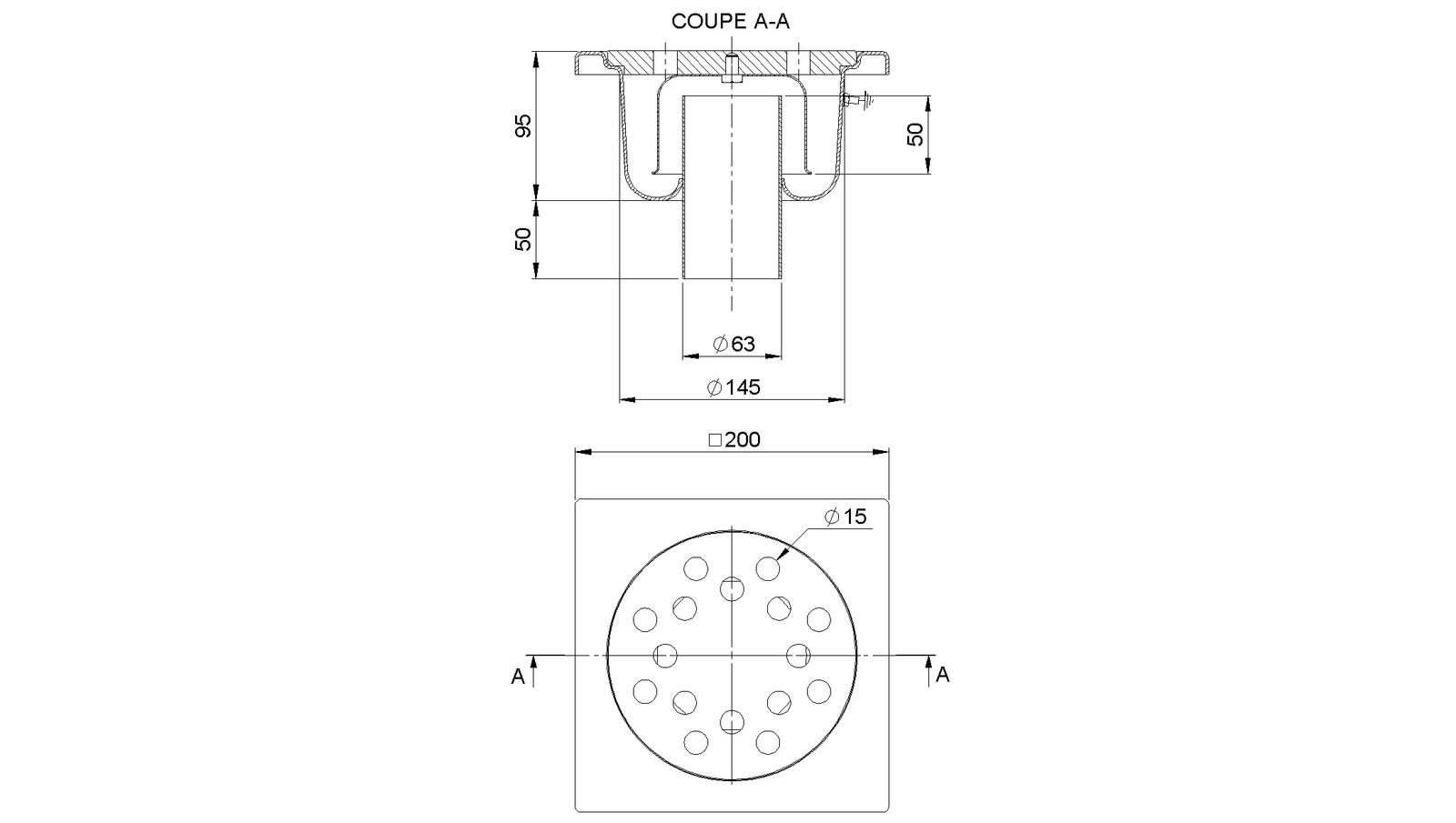 Schéma - 2063R - Floor drain trap 200x200 with a vertical outlet 63 mm