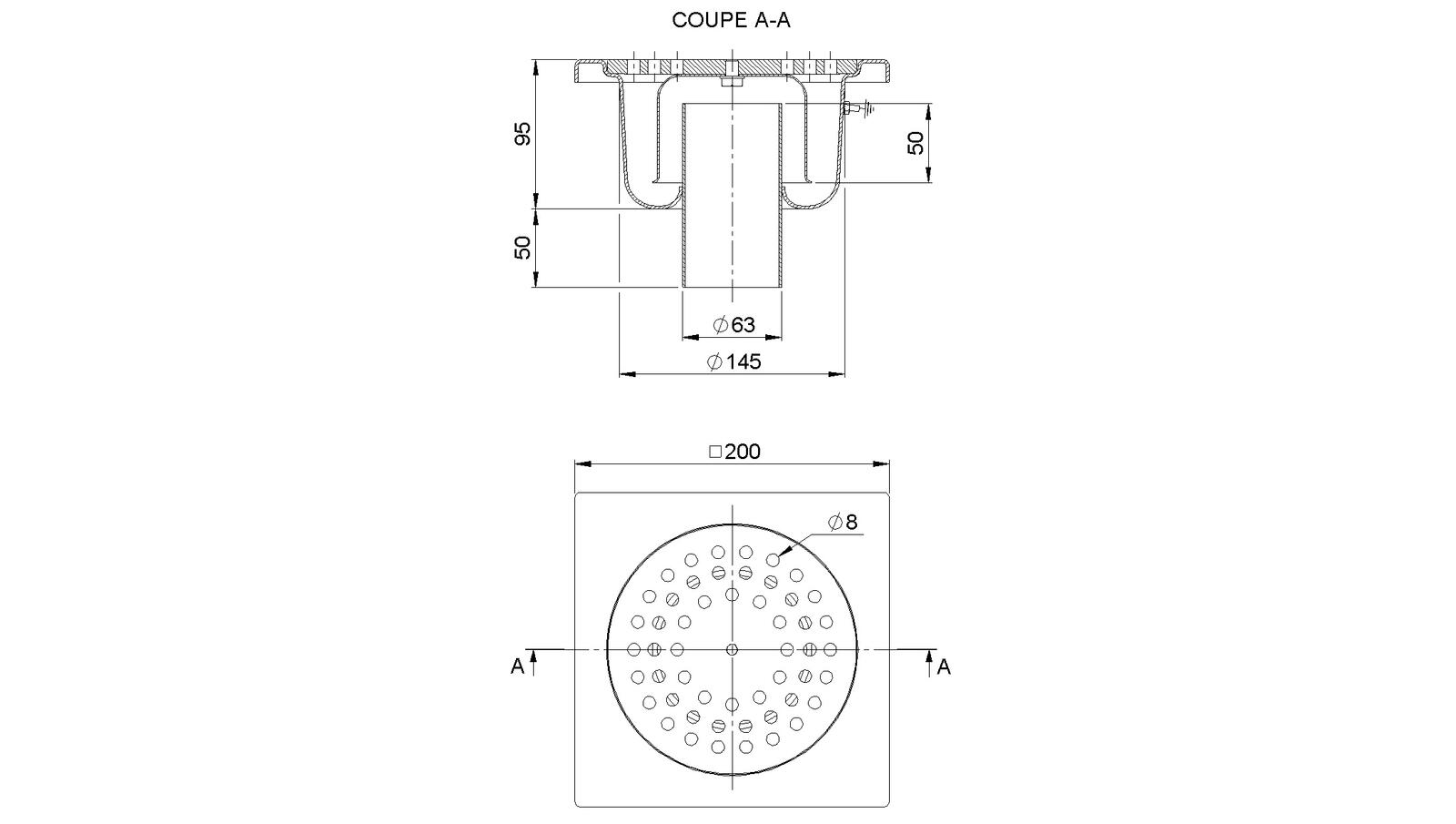 Schéma - 2063S - Siphon 200x200 sortie verticale 63 mm