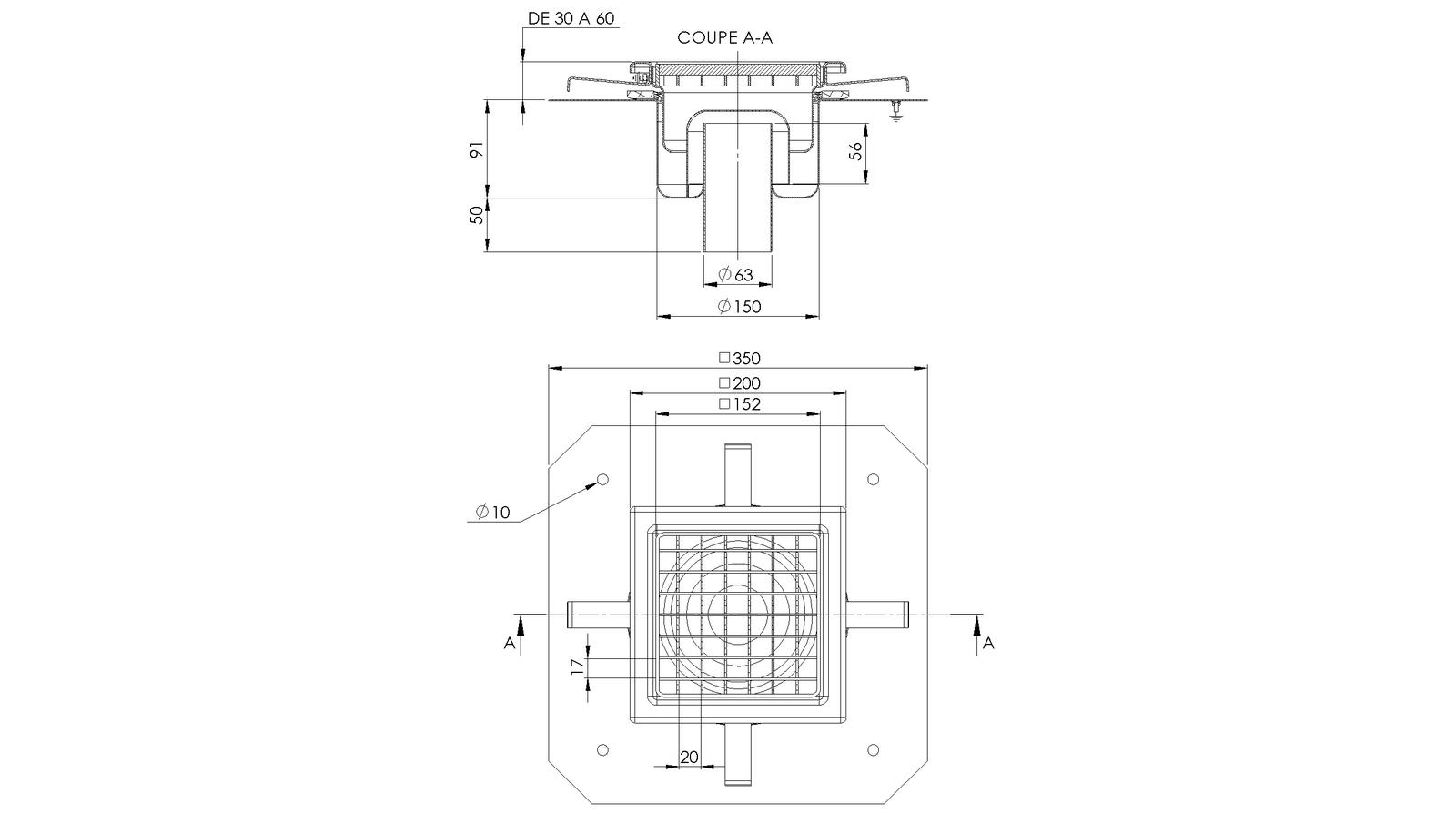 Schéma - 2063T - Siphon 200x200 sortie verticale 63 mm