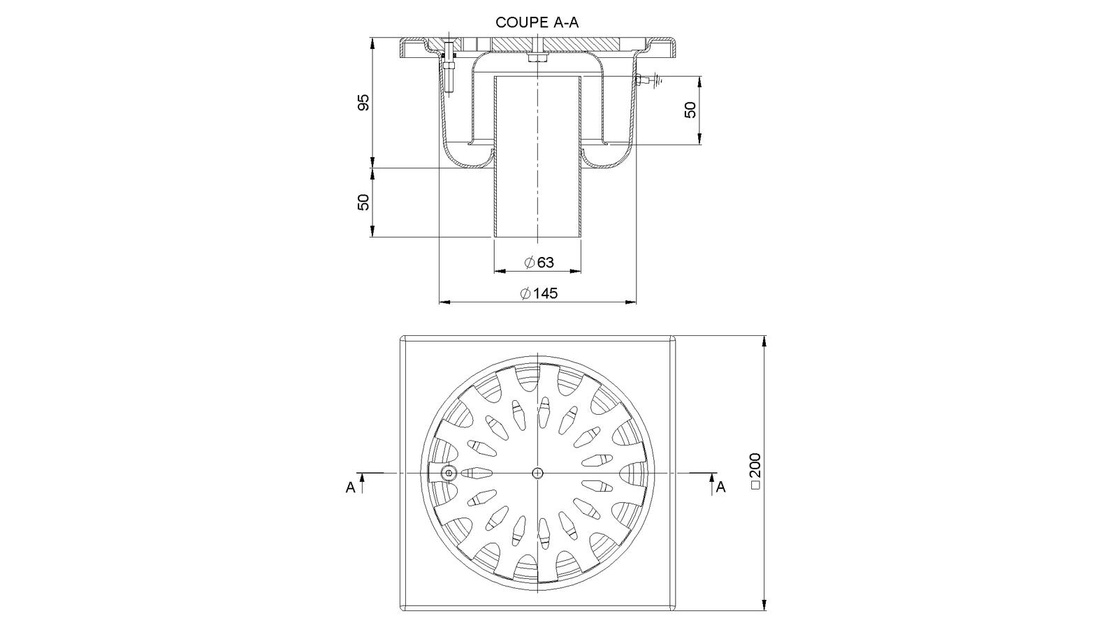 Schéma - 2063V - Siphon 200x200 sortie verticale 63 mm