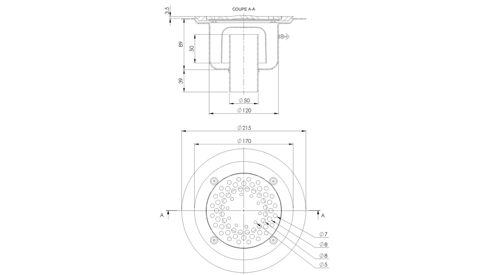 Schéma - 2150 - Round floor drain trap Ø215 mm with a vertical outlet 50 mm