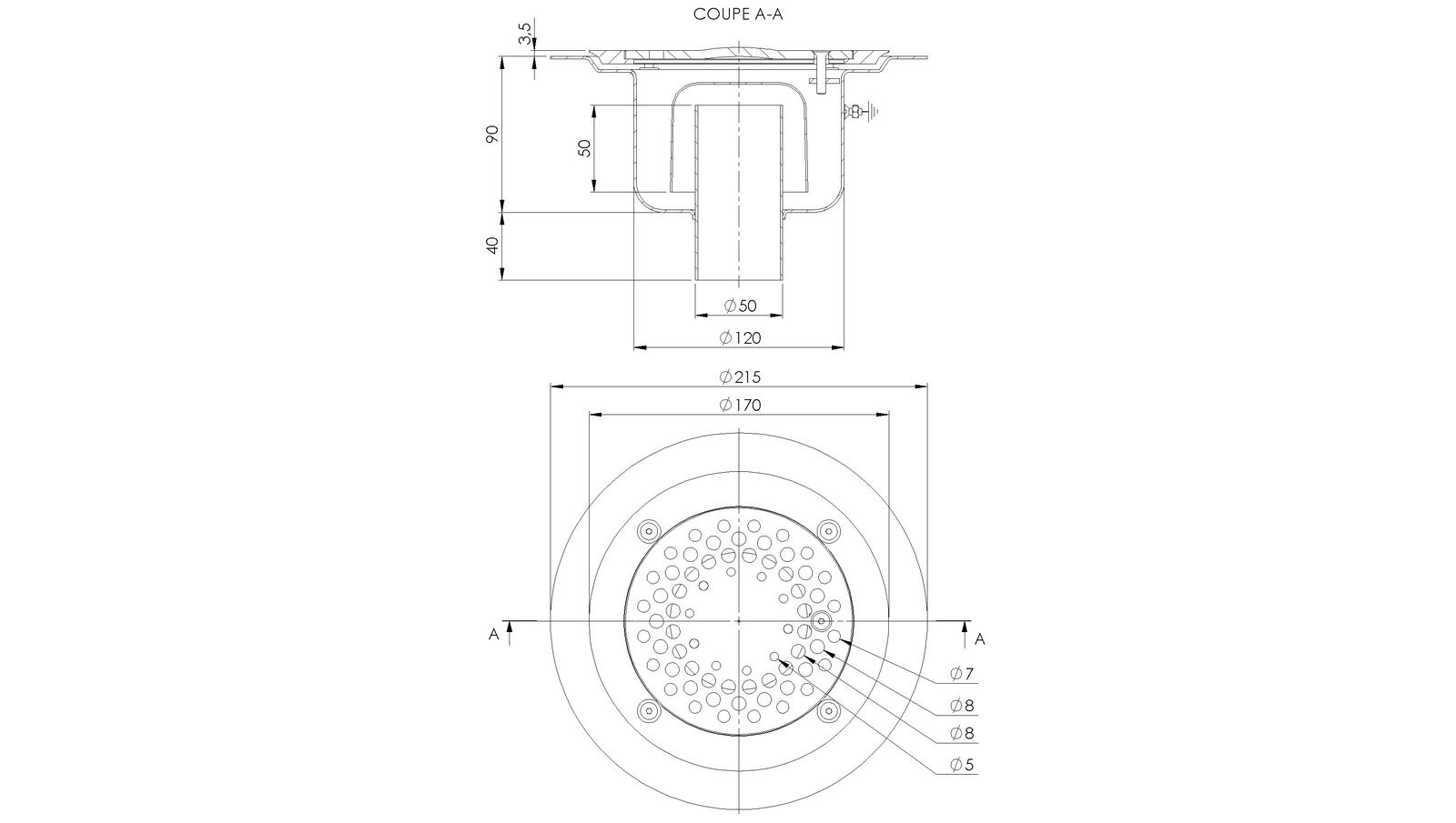 Schéma - 2150V - Siphon rond Ø 215 mm sortie verticale 50 mm