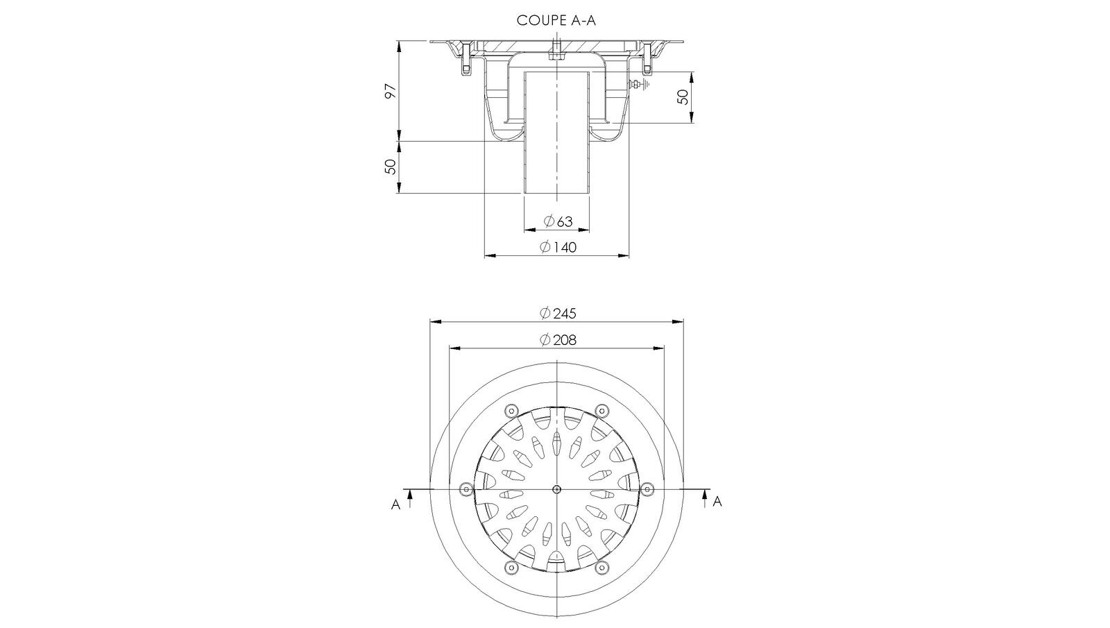 Schéma - 2463 - Siphon rond Ø 245 mm sortie verticale 63 mm