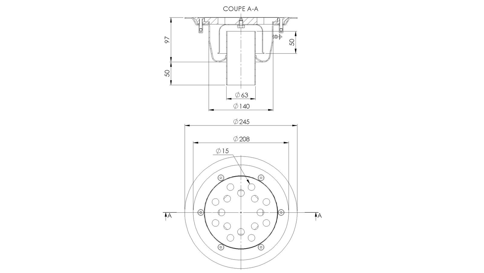 Schéma - 2463R - Siphon rond Ø 245 mm sortie verticale 63 mm