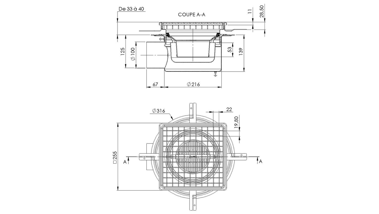 Schéma - 25100ILB - Siphon 255x255 sortie latérale 100 mm