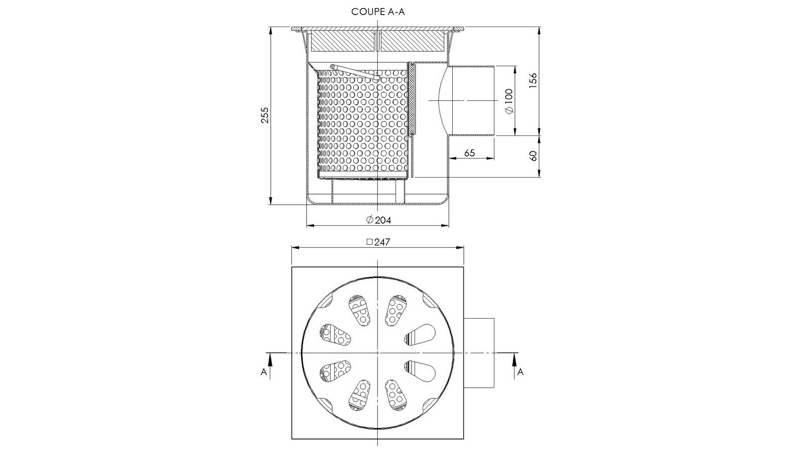 Schéma - 25100LP - Siphon 247x247 sortie latérale 100 mm
