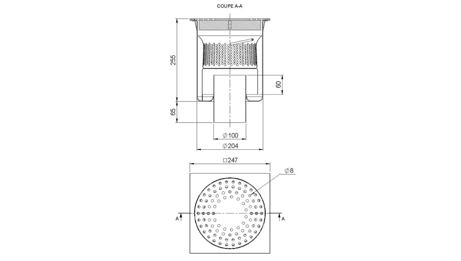 Schéma - 25100PS - Siphon 247x247 sortie verticale 100 mm