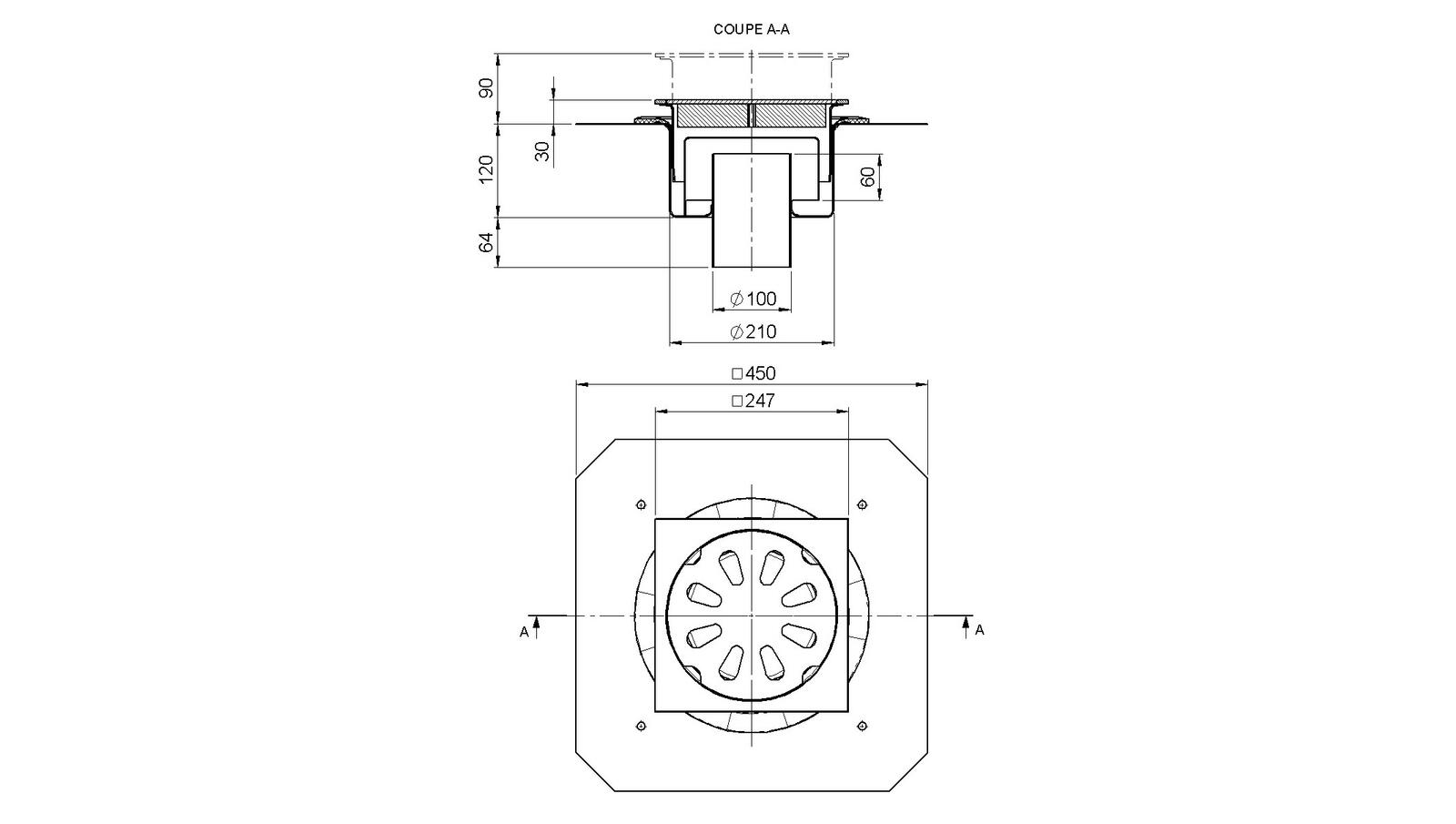 Schéma - 25100RB - Siphon 247x247 sortie verticale 100 mm