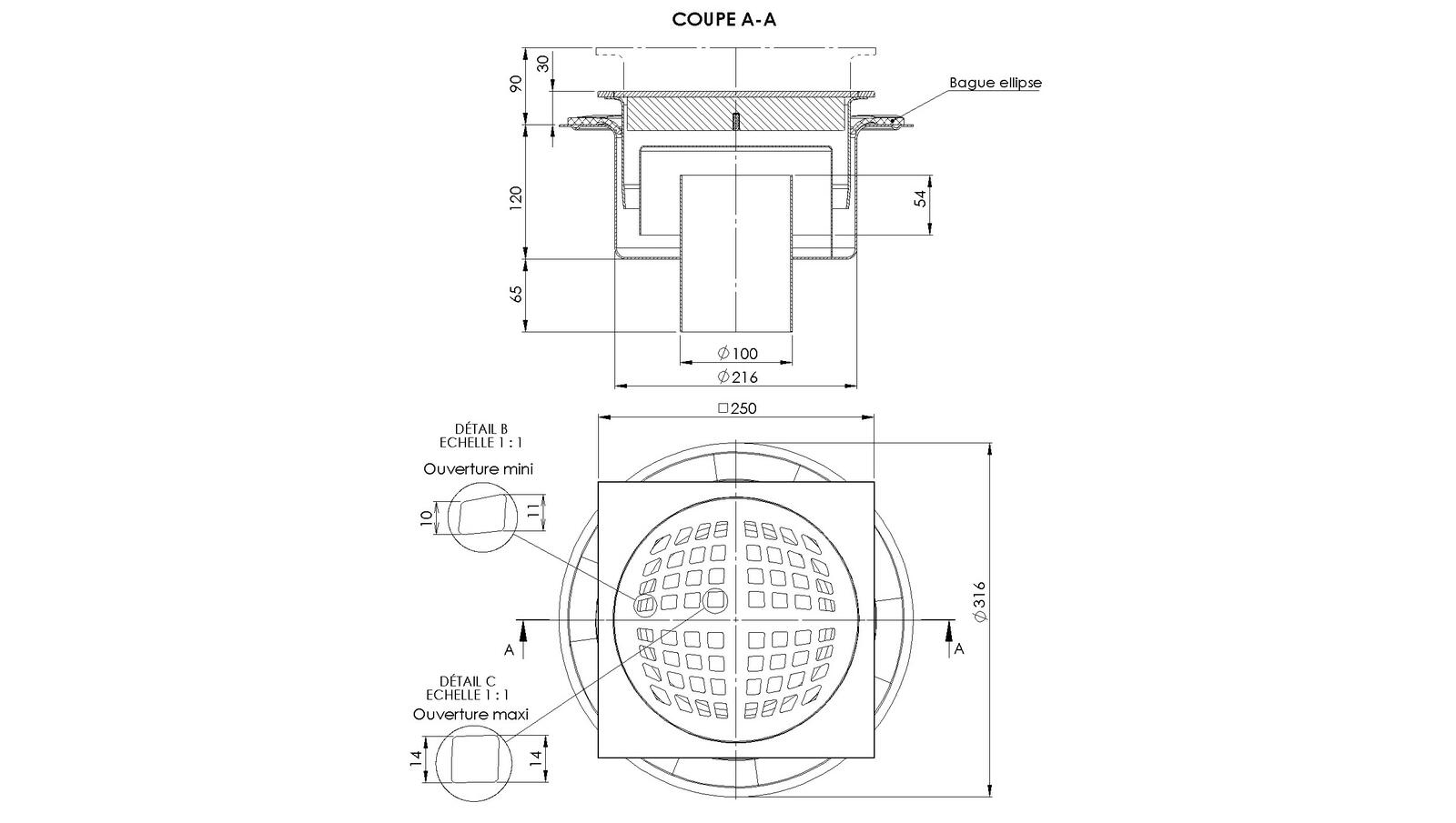 Schéma - 25100RBNBBULLE - Floor drain trap 250x250 with a vertical outlet 100 mm