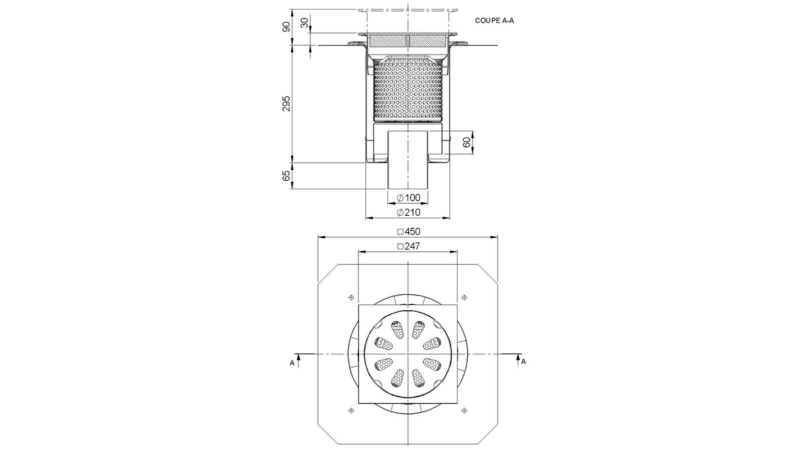 Schéma - 25100RBP - Siphon 247x247 sortie verticale 100 mm