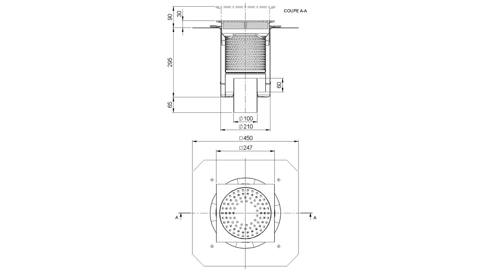 Floor drain trap 247x247 with a vertical outlet 100 mm