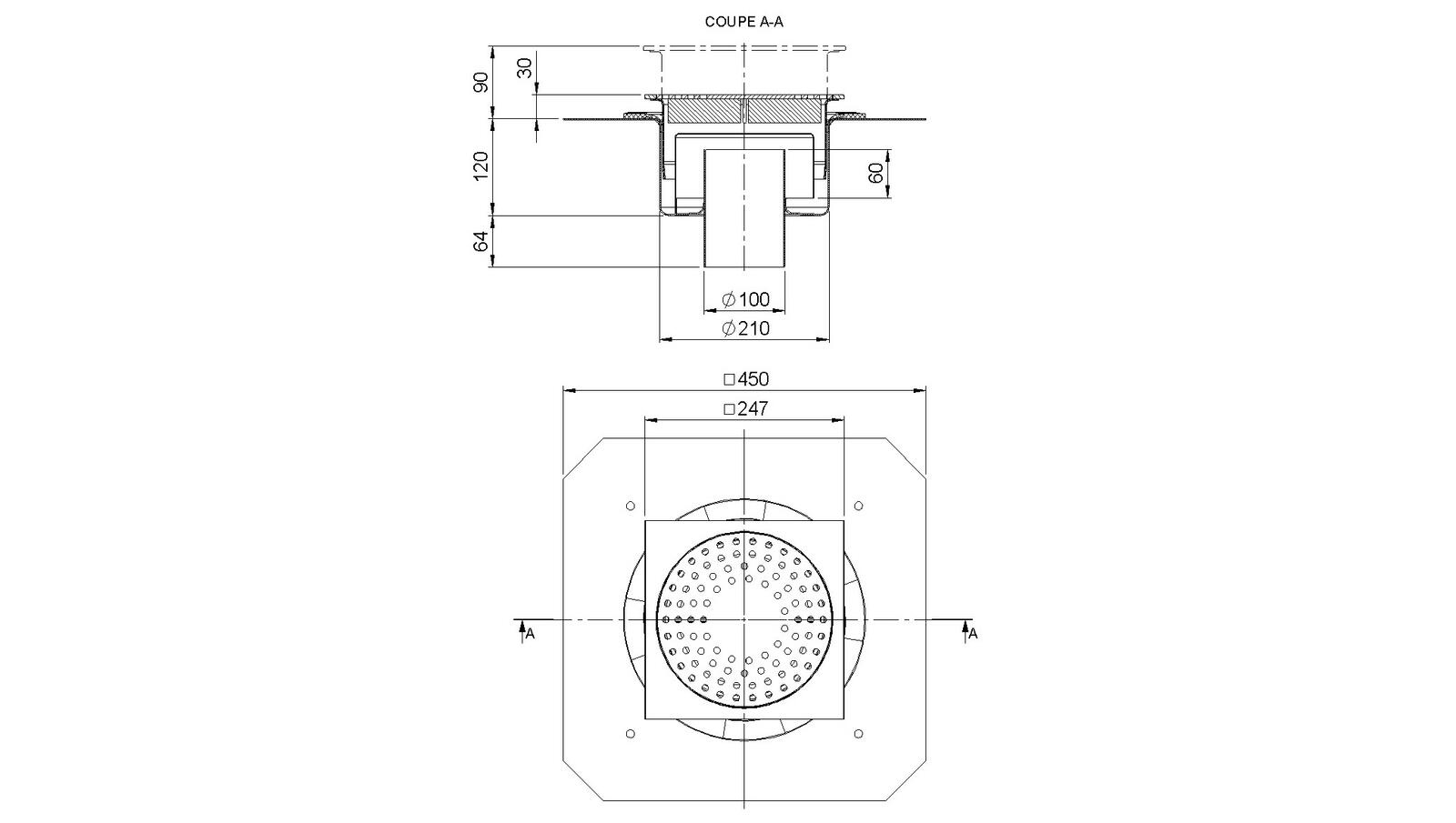 Schéma - 25100RBS - Siphon 247x247 sortie verticale 100 mm
