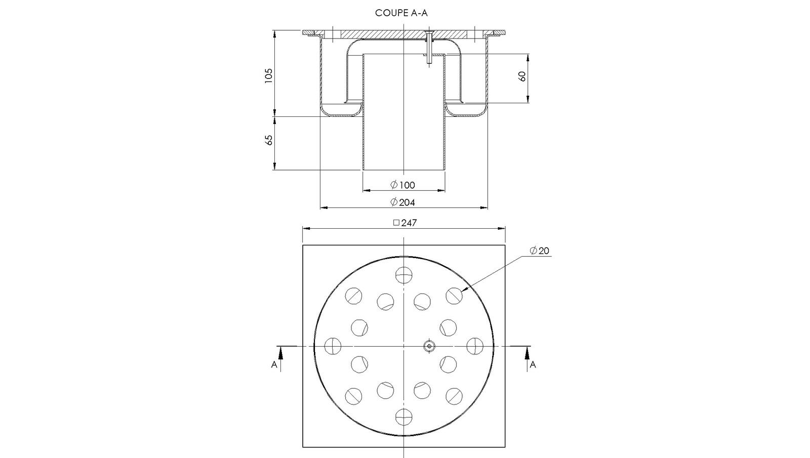 Schéma - 25100RV - Siphon 247x247 sortie verticale 100 mm
