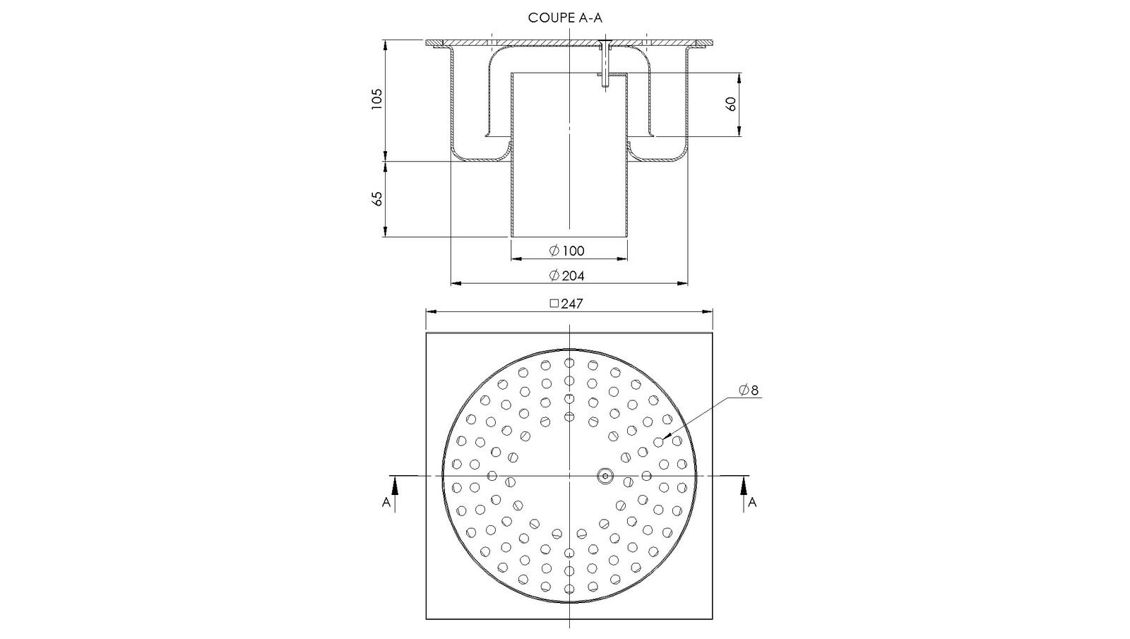 Schéma - 25100SV - Siphon 247x247 sortie verticale 100 mm