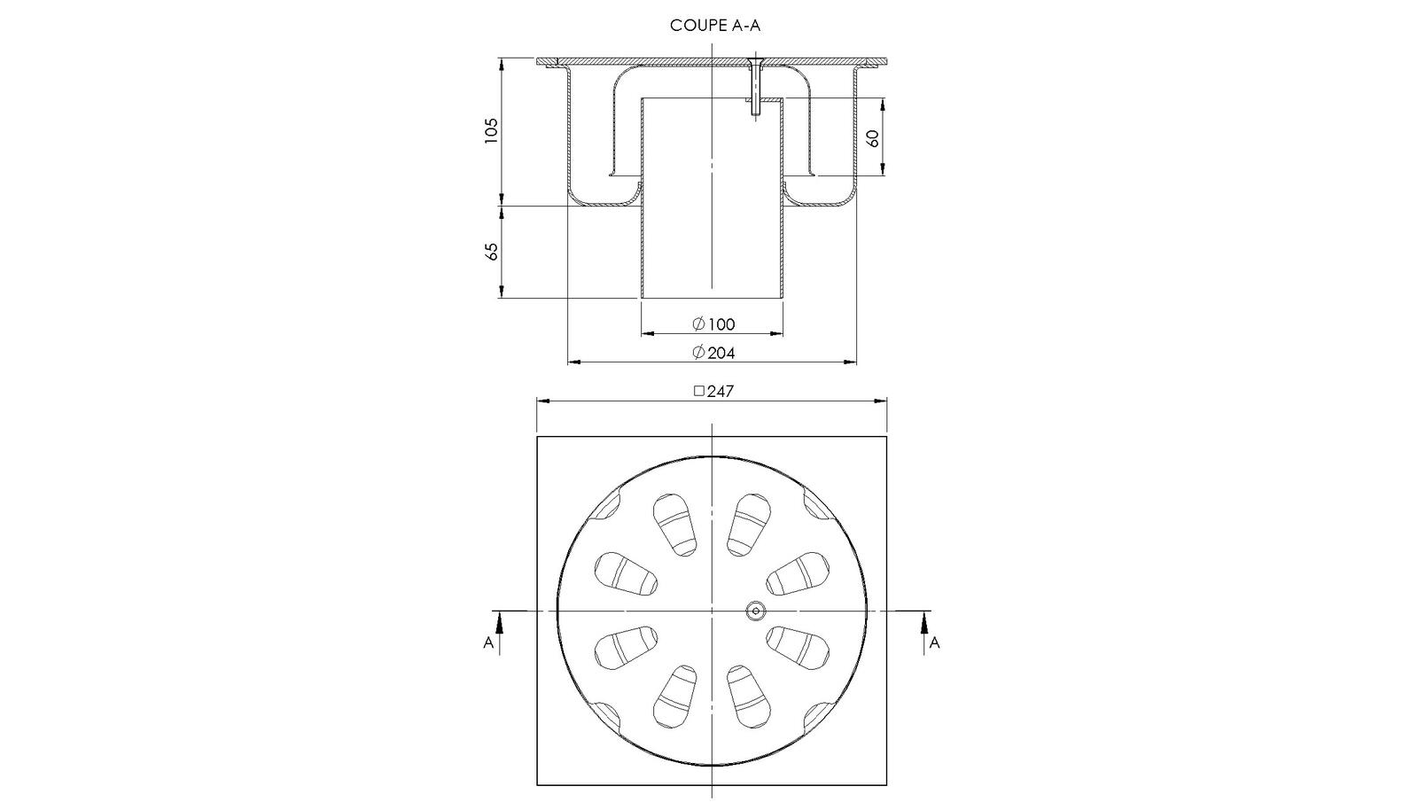 Schéma - 25100V - Siphon 247x247 sortie verticale 100 mm