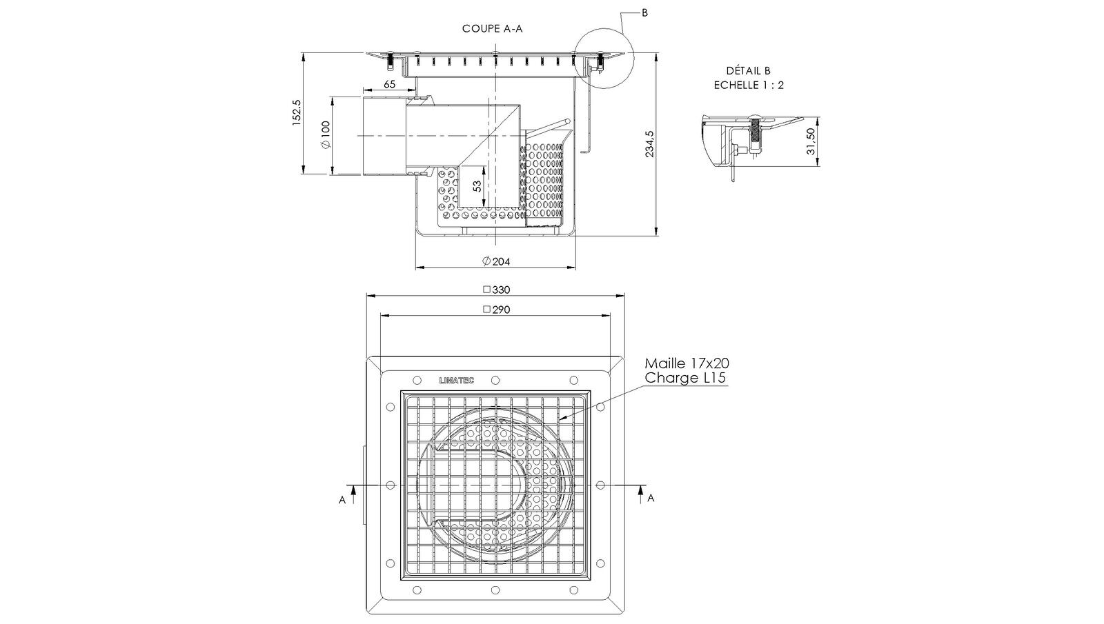 Schéma - 25100ZLP - Siphon 330x330 sortie verticale 100 mm