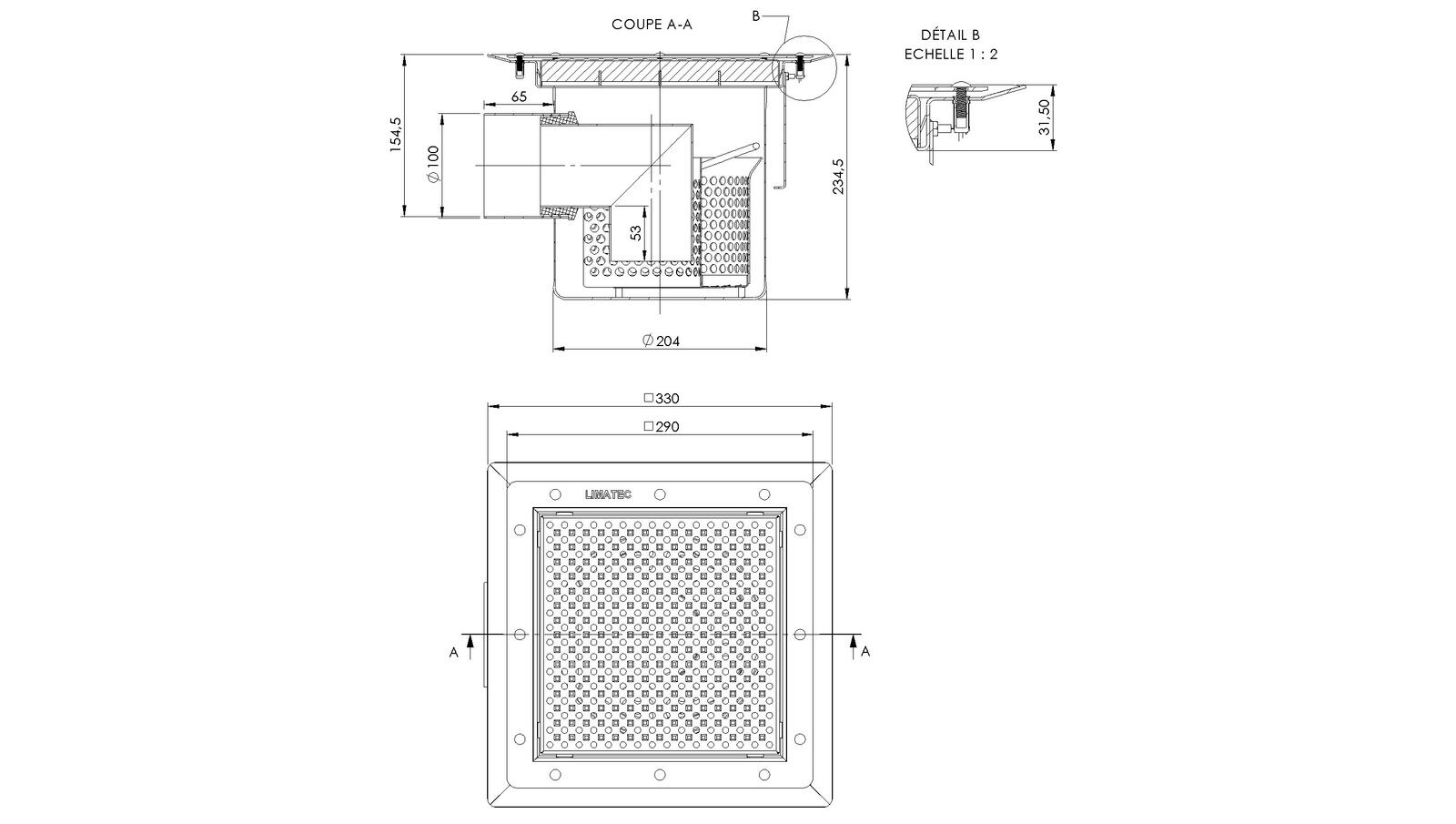 Schéma - 25100ZLPS - Siphon 330x330 sortie verticale 100 mm