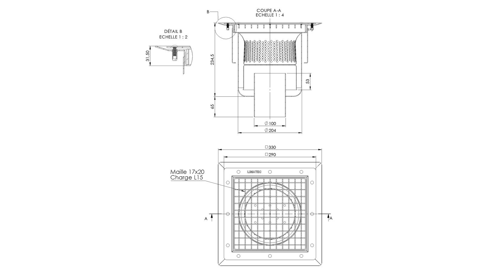 Schéma - 25100ZP - Floor drain trap 330x330 with a vertical outlet 100 mm
