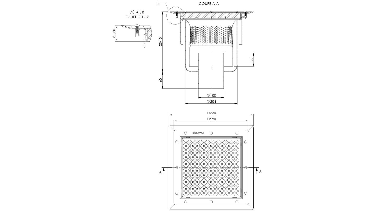 Schéma - 25100ZPS - Siphon 330x330 sortie verticale 100 mm