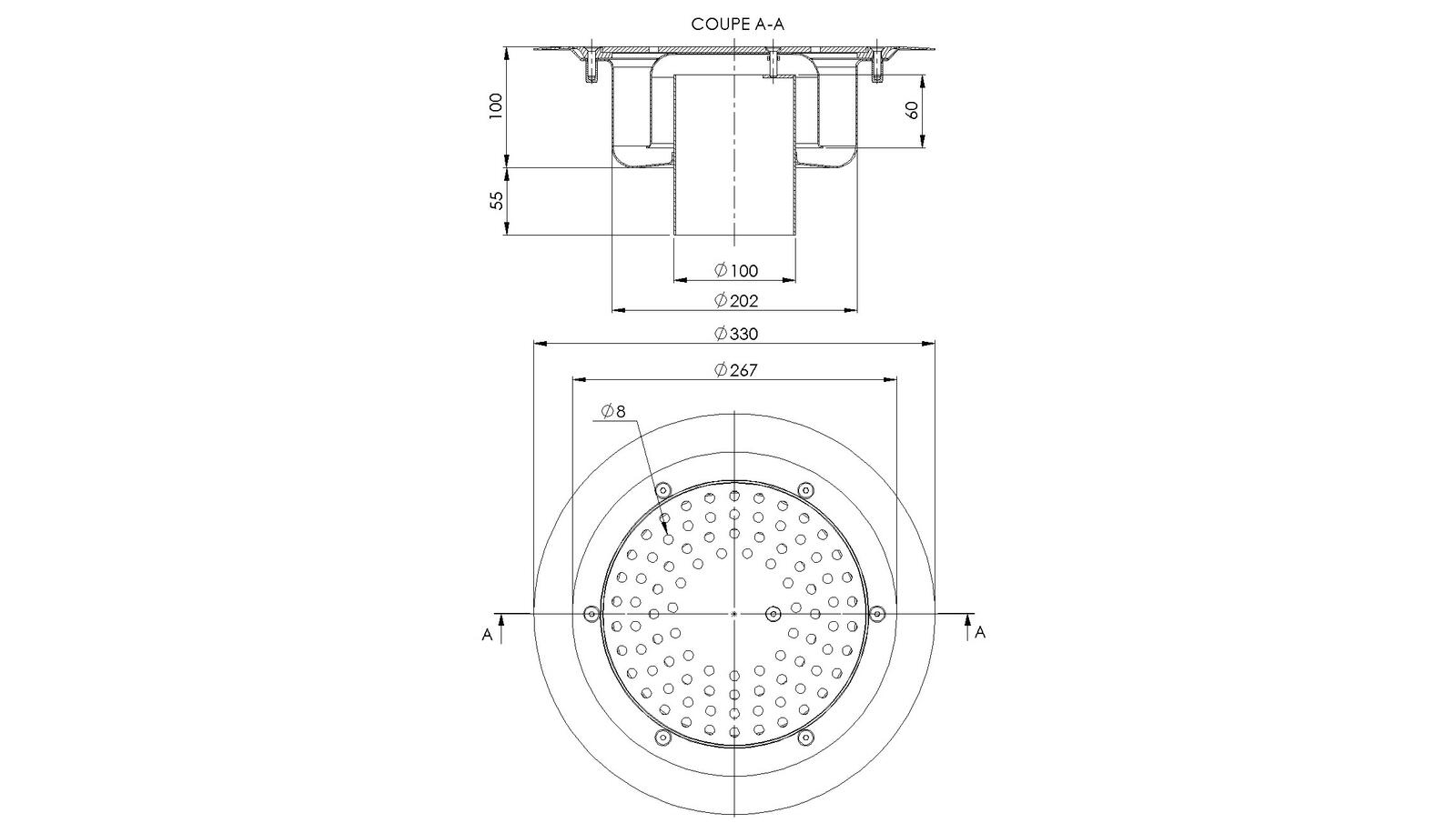 Schéma - 27100SV - Siphon rond Ø 330 mm sortie verticale 100 mm