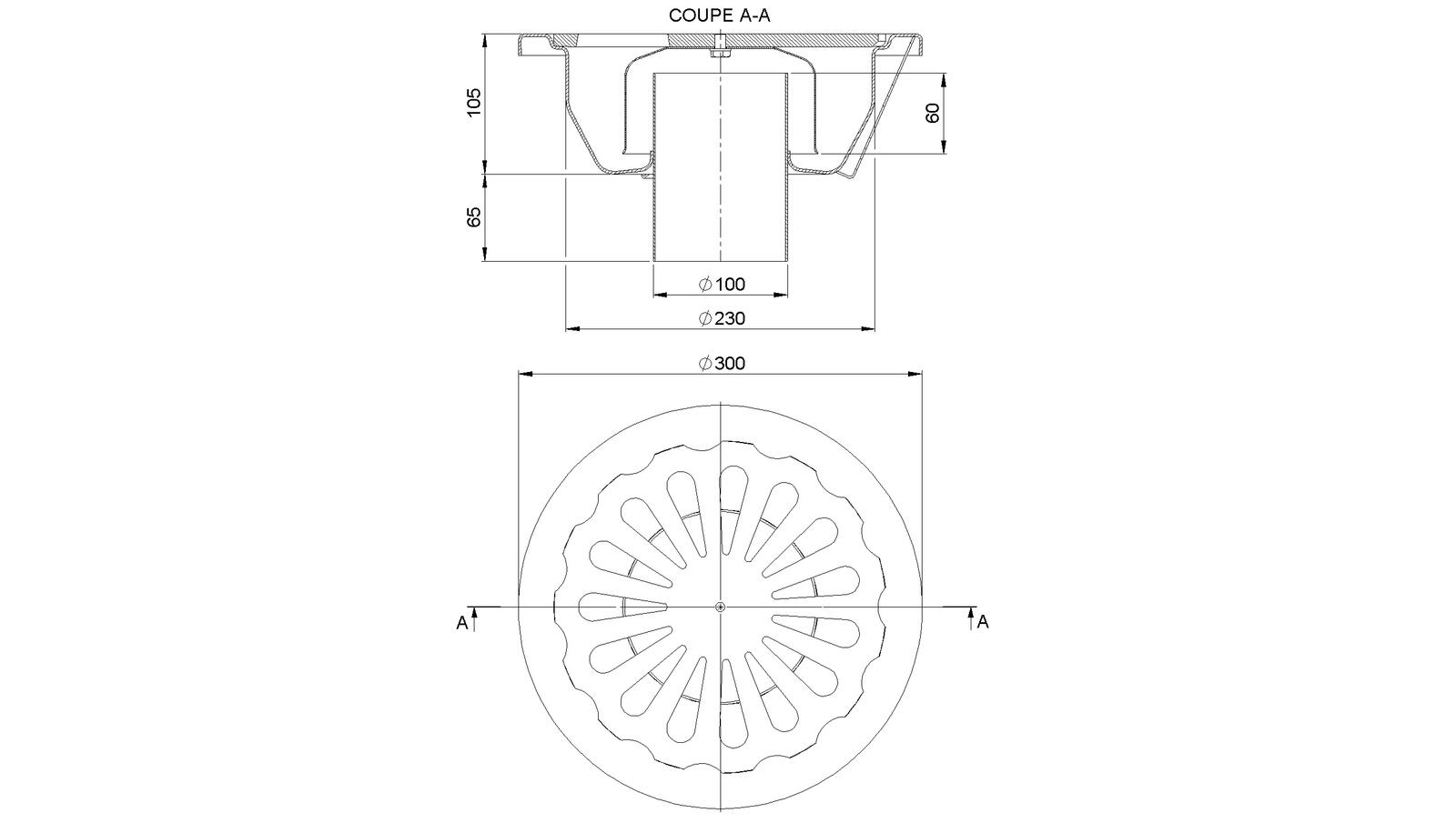 Schéma - 30100C - Round floor drain trap Ø300 mm vertical outlet 100 mm