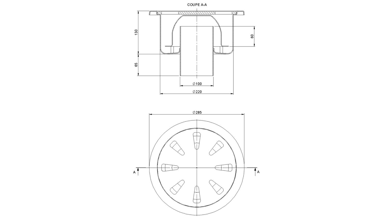 Schéma - 30100CF - Siphon rond Ø 300 mm sortie verticale 100 mm