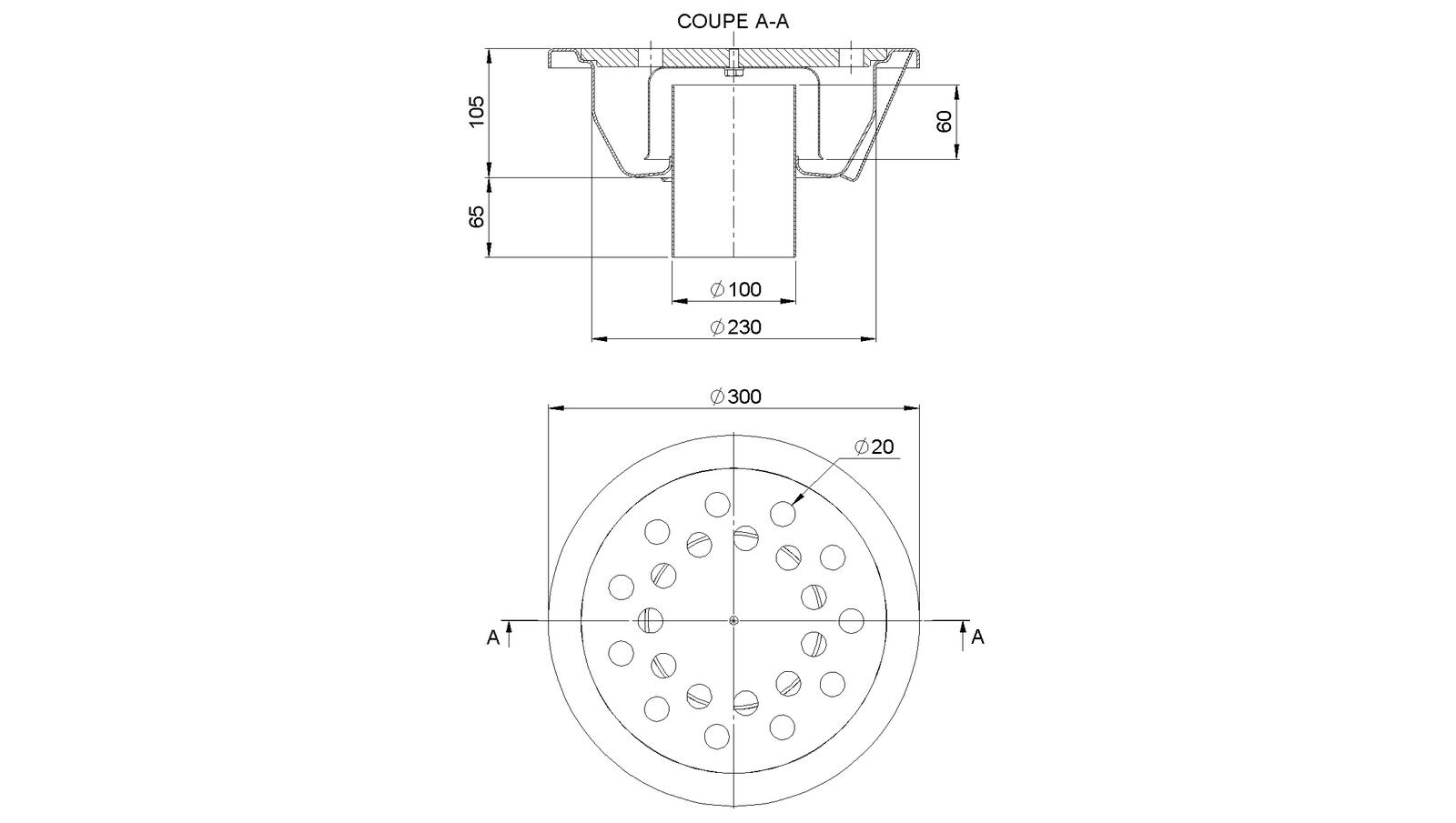 Schéma - 30100CR - Siphon rond Ø 300 mm sortie verticale 100 mm