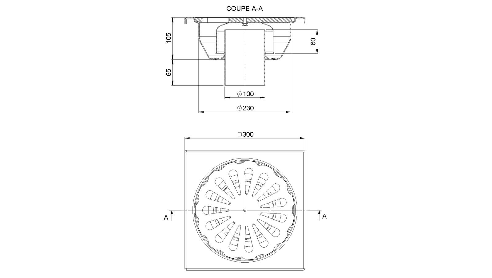 Schéma - 30100 - Floor drain trap 300x300 with a vertical outlet 100 mm