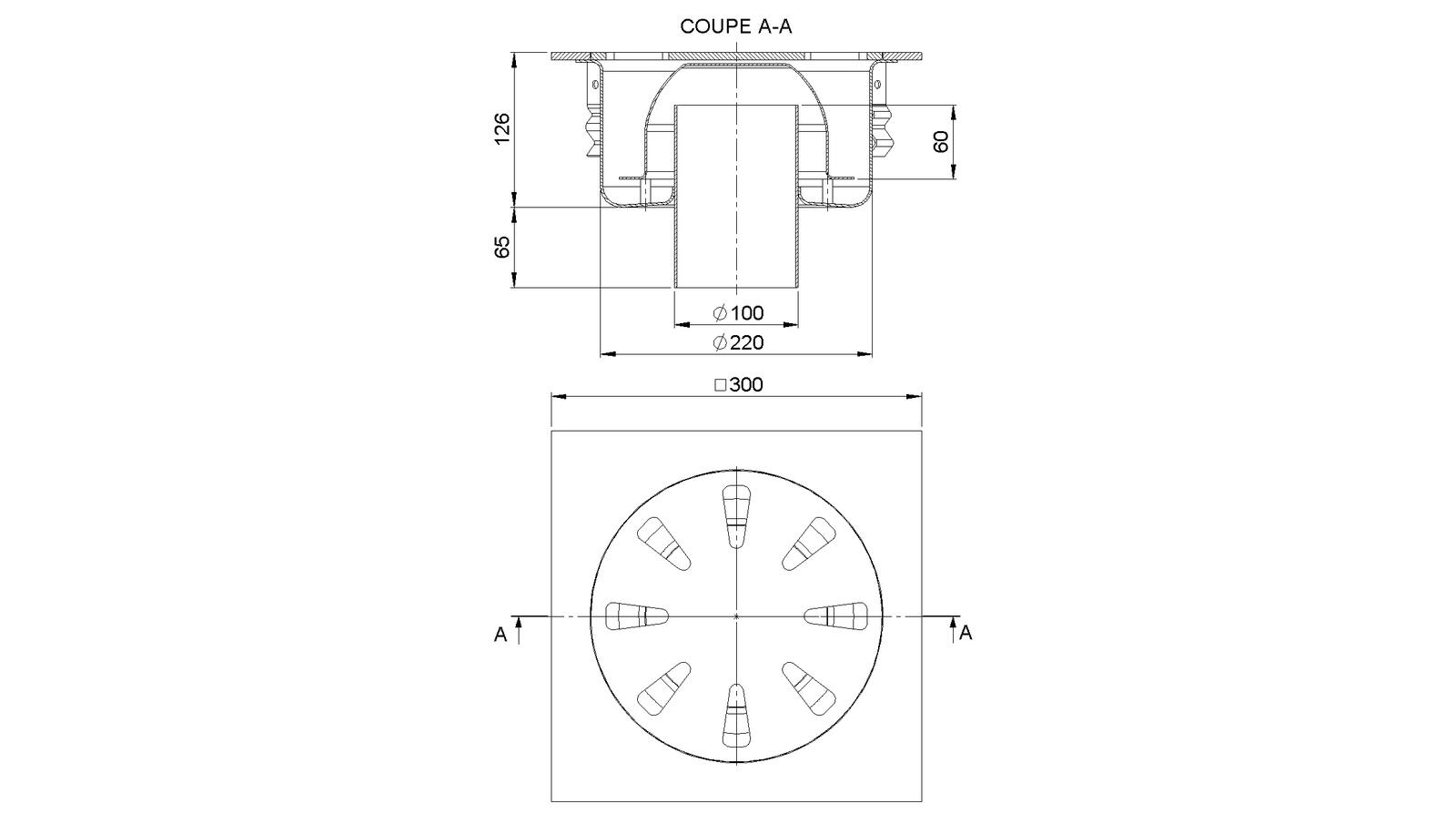 Schéma - 30100F - Siphon 300x300 sortie verticale 100 mm