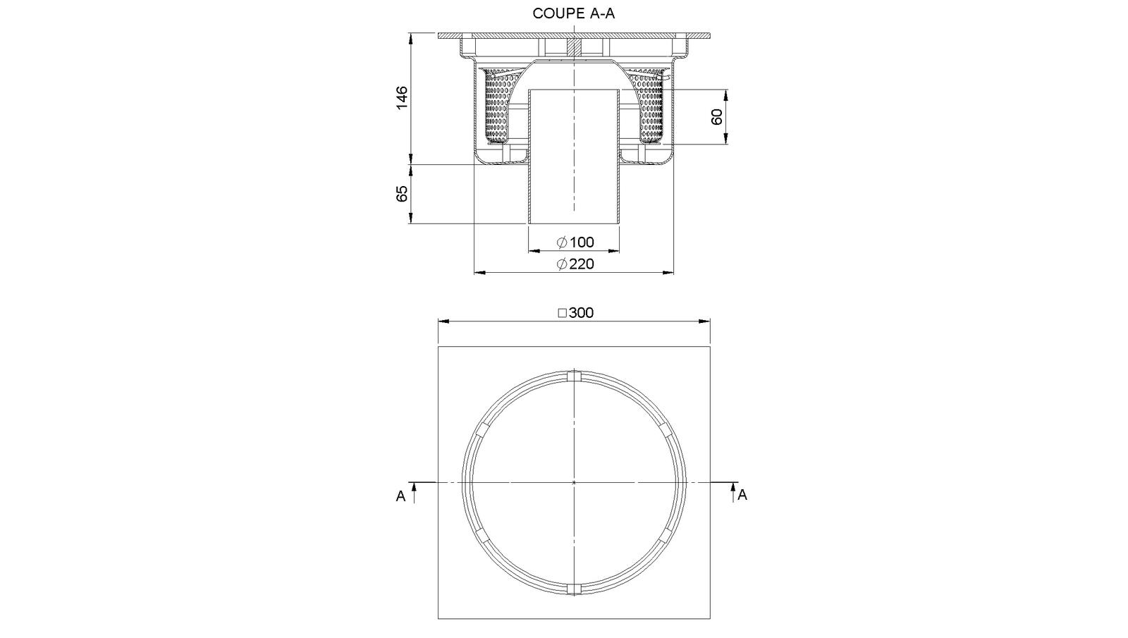 Schéma - 30100PRF - Siphon 300x300 sortie verticale 100 mm
