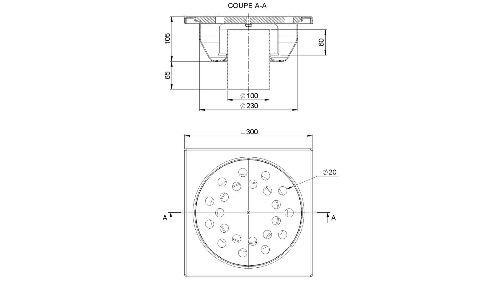 Schéma - 30100R - Floor drain trap 300x300 with a vertical outlet 100 mm