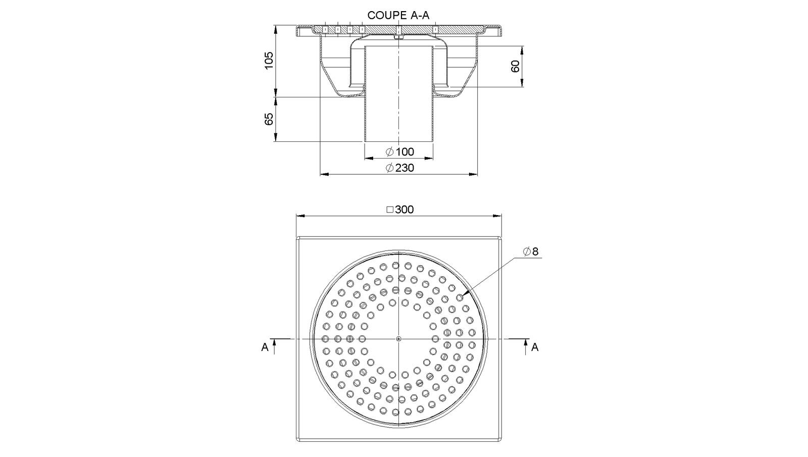 Schéma - 30100S - Siphon 300x300 sortie verticale 100 mm
