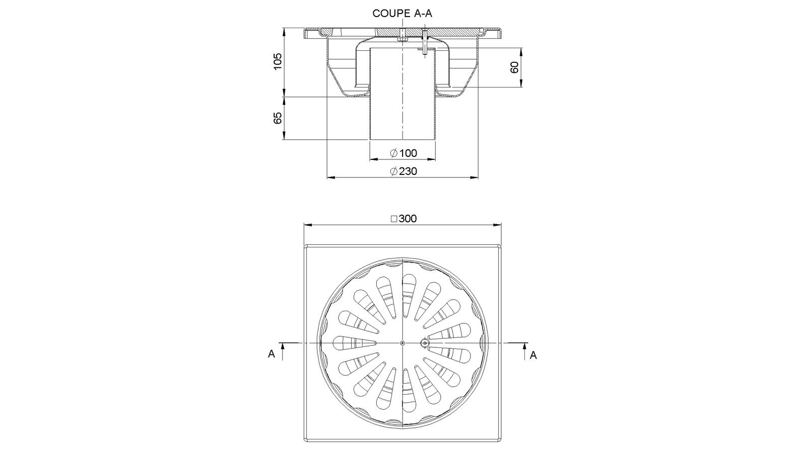 Schéma - 30100V - Siphon 300x300 sortie verticale 100 mm