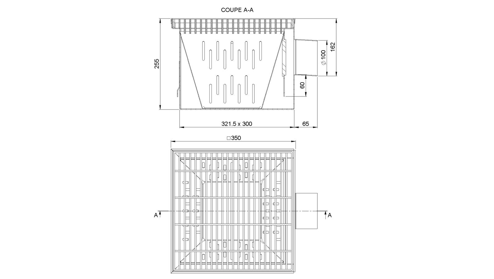 Schéma - 35100LPCHB - Floor drain trap 350x350 with a side outlet 100 mm