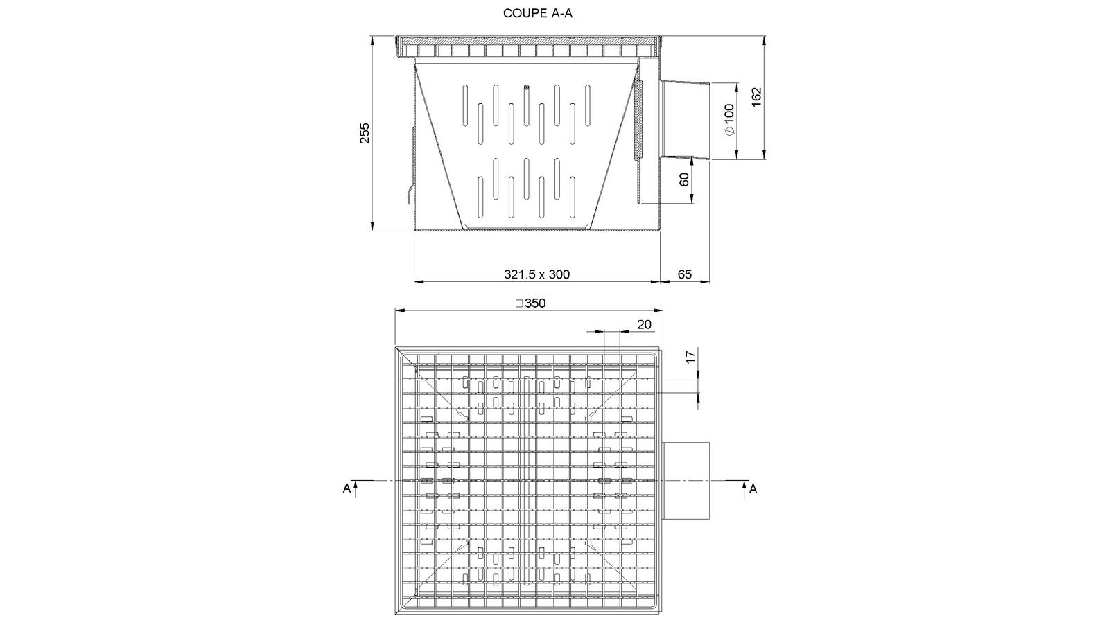 Schéma - 35100LPCH - Floor drain trap 350x350 with a side outlet 100 mm